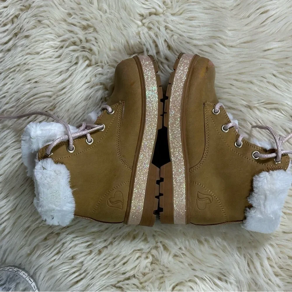 Skechers Tan Faux-Fur Lace-Up Ankle Boots with Glitter Sole
